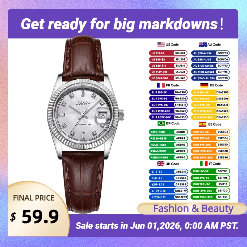 

ADDIES Women's Quartz Watch 28mm Czech Rhinestones Mother-Of-Pearl Dial Luxury Watches Sapphire 50m Waterproof Steel Watch New