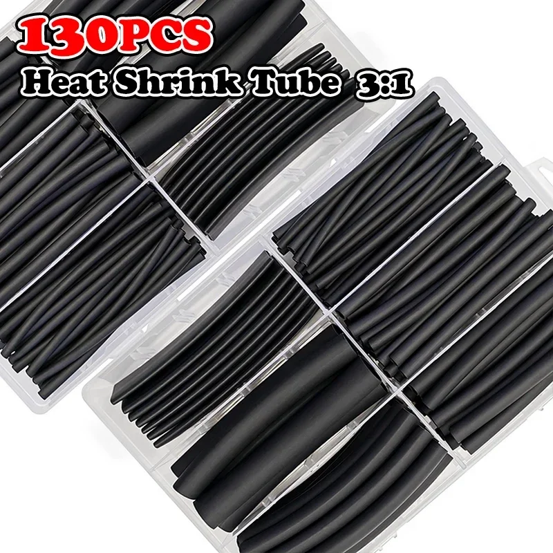 130pcs Black 3:1 Box Heat Shrink Tube Kit Thermoresistant Corrosion resistance Tubing for Wire connection Wire fixing protection