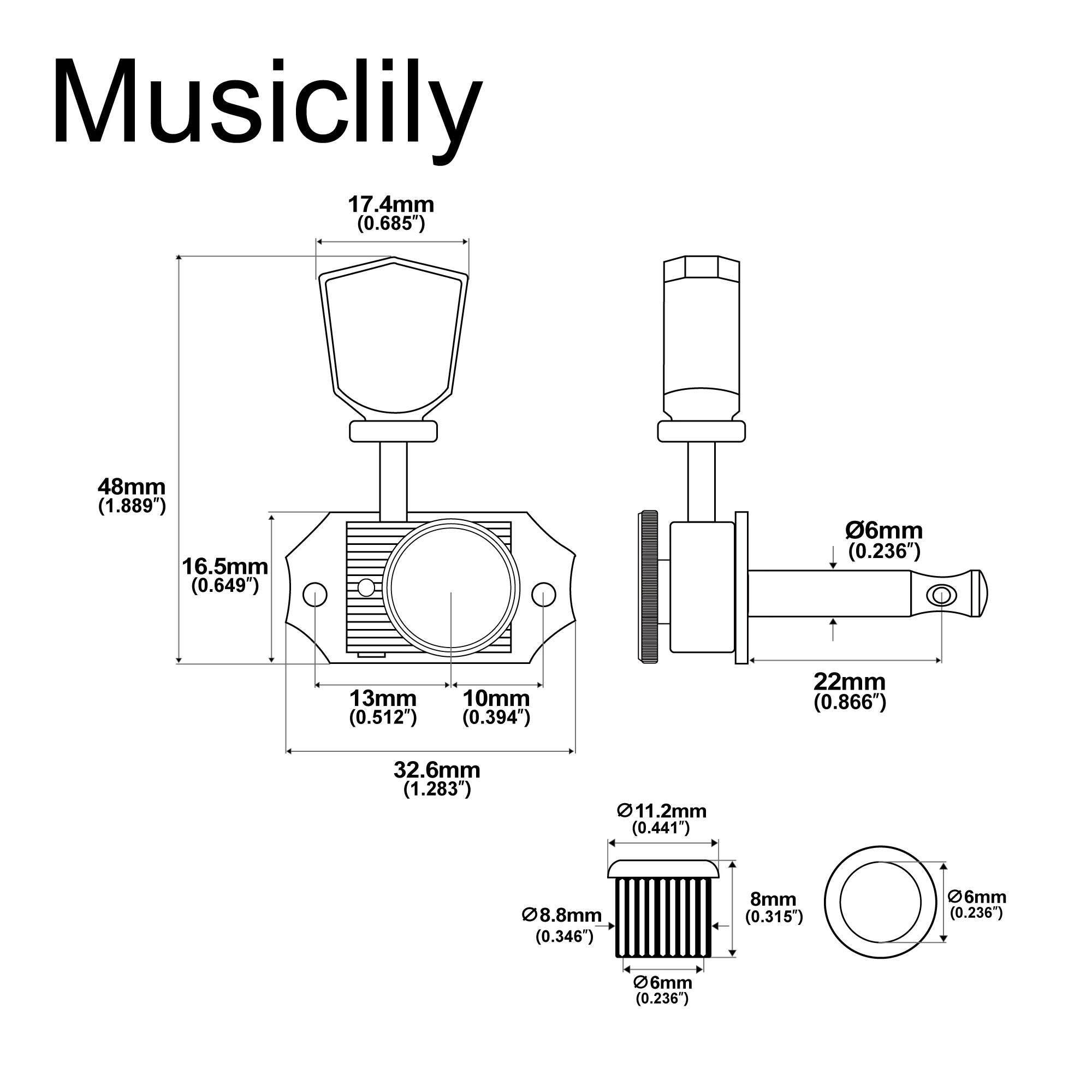 Musiclily Pro R15T 3R3L 14:1 Ratio Semi Closed Vintage Locking Machine Heads Tuners Tuning Pegs Key for Acoustic Electric Guitar