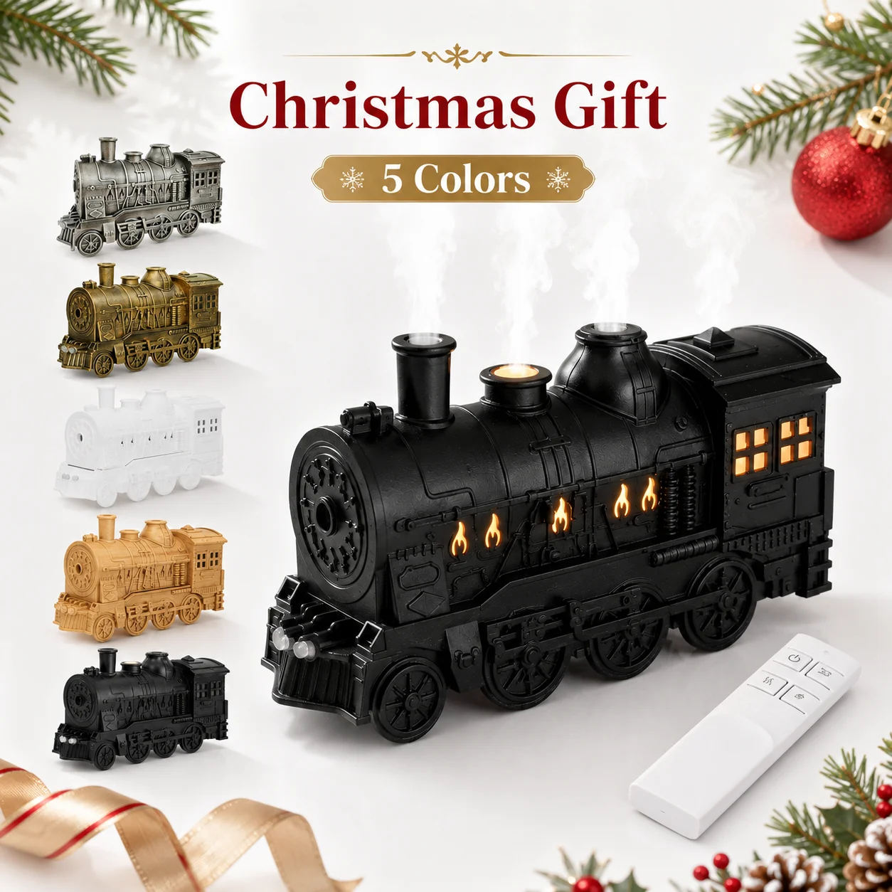 Retro Train Mist Diffuser 300ml Humidifier with LED Light Jellyfish Smoke Effect Remote Timer Christmas Office Bedroom Ornament