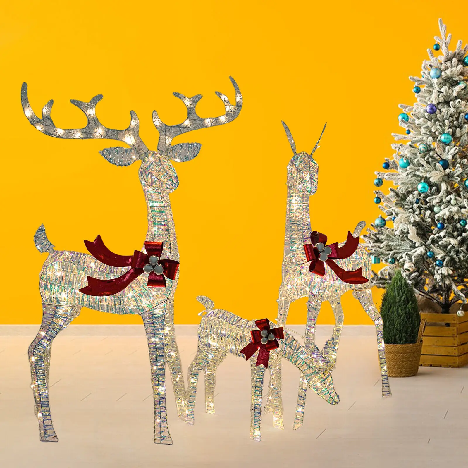 3-Piece Set Light-Up Deer with Red Bows Holiday Decoration Christmas Lighted Reindeer Decors ED Lights Xmas Decor