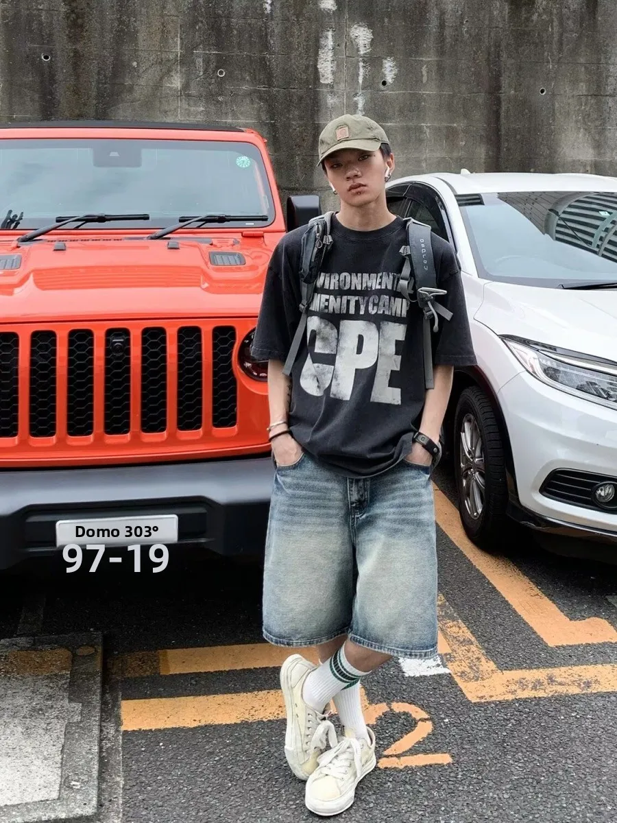 

Ретро-джинсы мужские летние свободные прямые с высокой талией в американском уличном стиле, с эффектом потертости, повседневные, длиной до колена