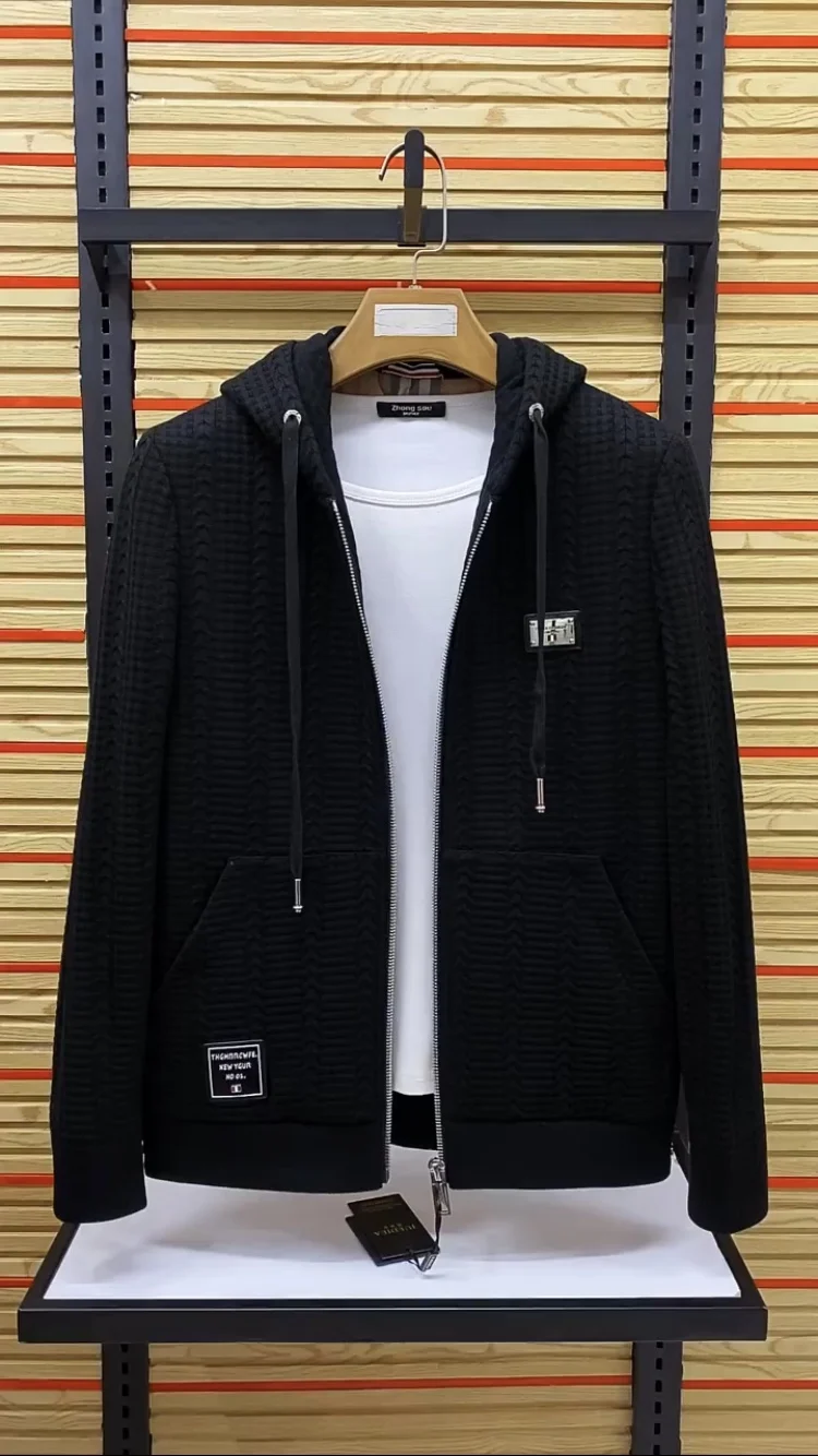 

Men's Casual Faionable Hooded Jaet Autumn New Sle Versatile Floral Embroidery Zipper Closure Long Sve Stand Fit