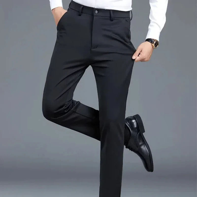 Spring Autumn Men\'s Clothing Solid Color Button High Waisted Zipper Pockets Casual Formal Business Trousers Straight Pants