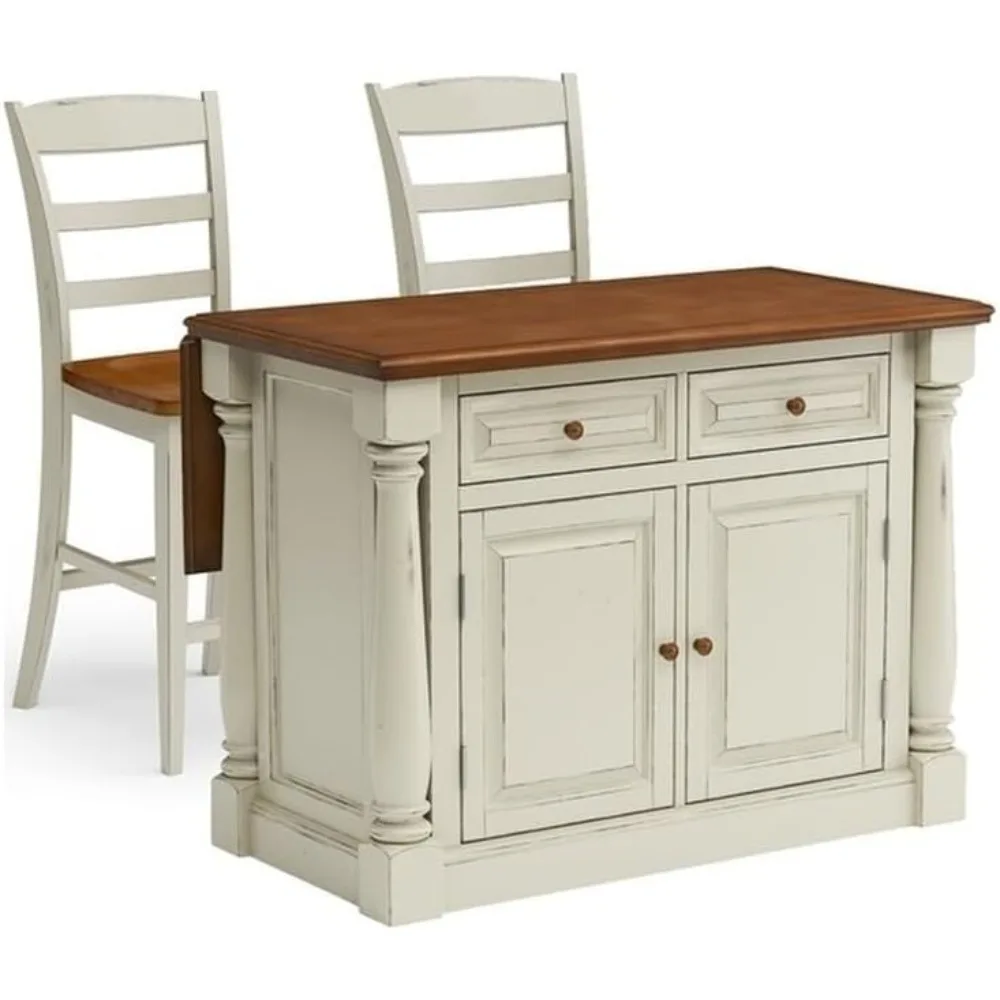 Wood Kitchen Island With Two Stools in Off White Kitchen and Storage Organizer Islands Cart Table Furniture Home