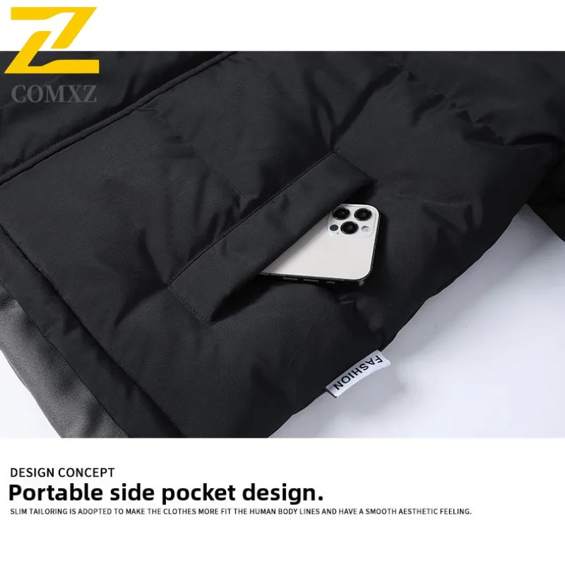 COMXZ 2025 Mens Fake Two Piece Sherpa Hooded Thickened Winter Jacket Waterproof Windproof Outdoor Sports Lightweight Coat