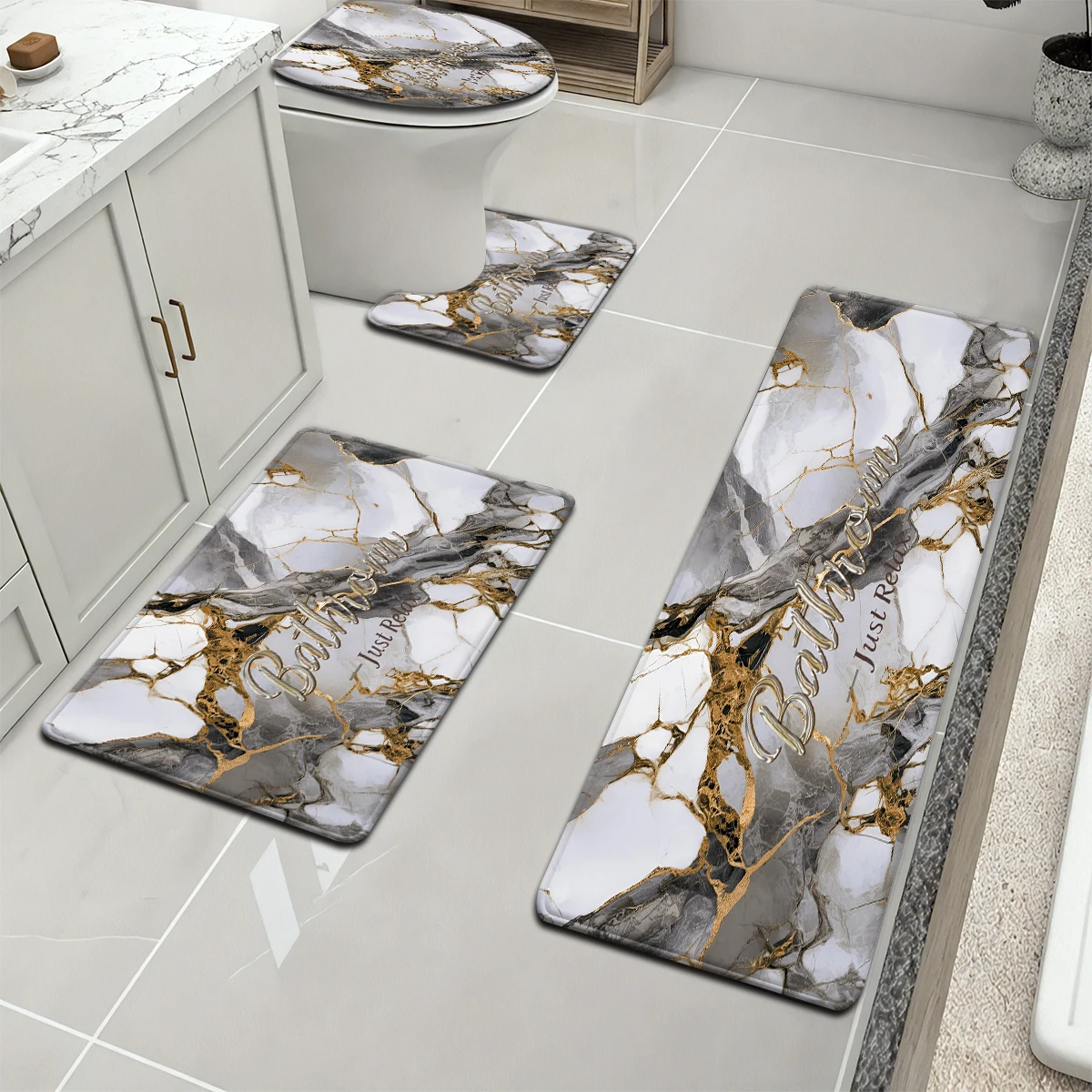 

1 Set of Gray Bathroom Water-absorbing and Non-slip Floor Mat Home Decorative Letter Patterns Printed,Comforable ,Four-pieces