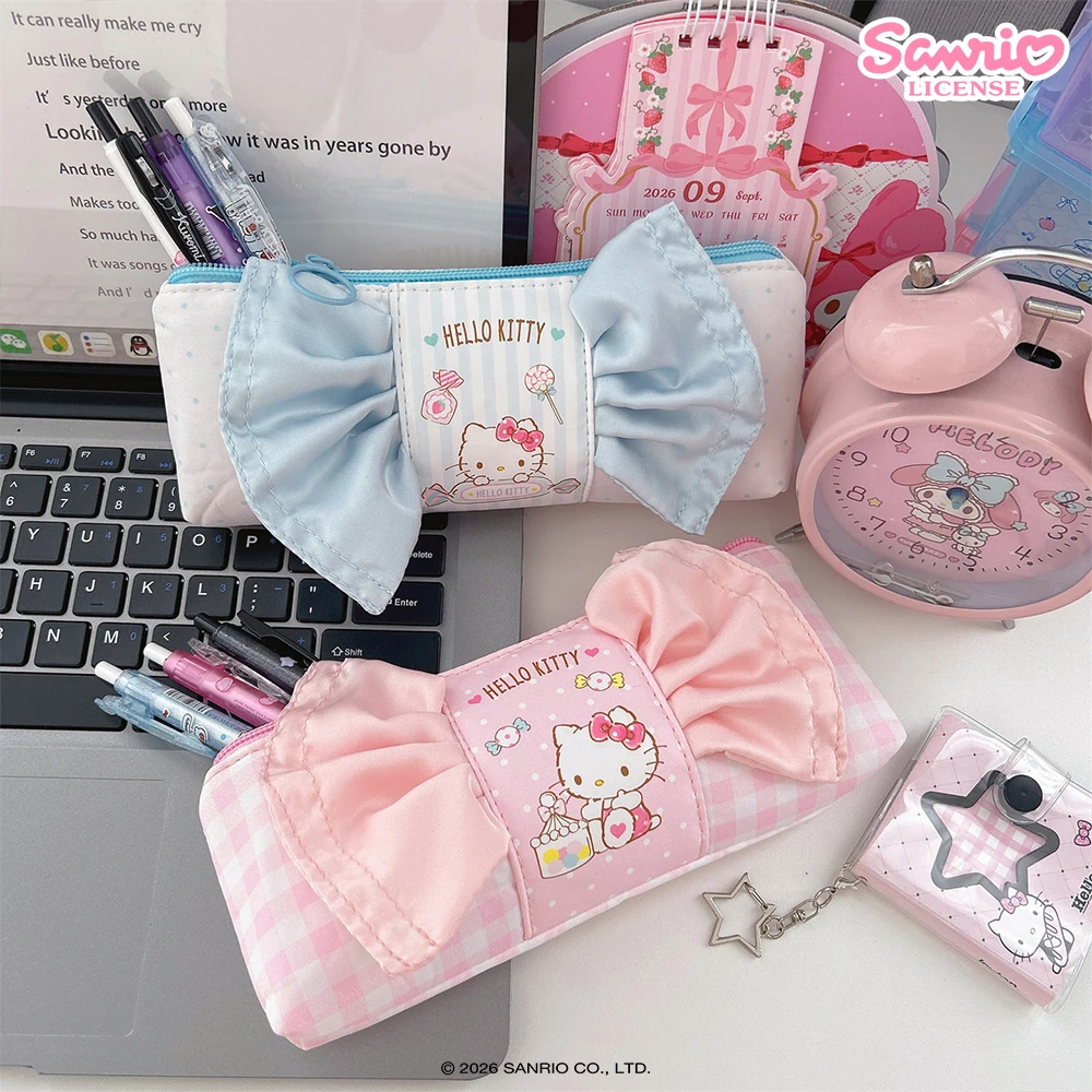 Hello Kitty Bow Pencil Bags Storage Bag Genuine Sanrio Kawaii KT Cat Large Capacity Zipper Pen Pouch School Office Stationery