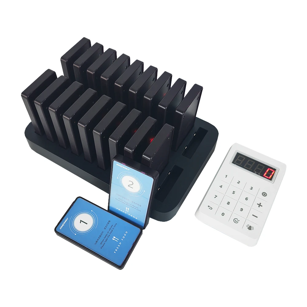 Wireless Restaurant Fast Food Queue Management System 20 Pagers Customer Number Buzzer Coaster Vibrating Pager for Guest Paging