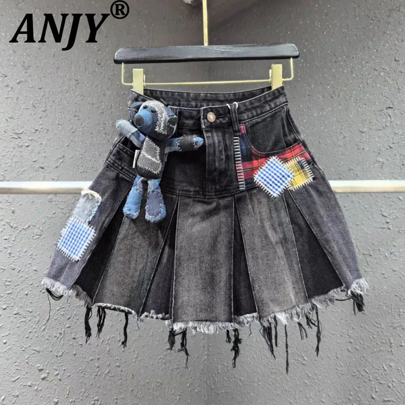 

ANJY Summer New Women Sweet Skirt Pocket Patchwork Denim Burr Asymmetric A-Line Pleated Streetwear Ins Trendy Short Skirts A8719