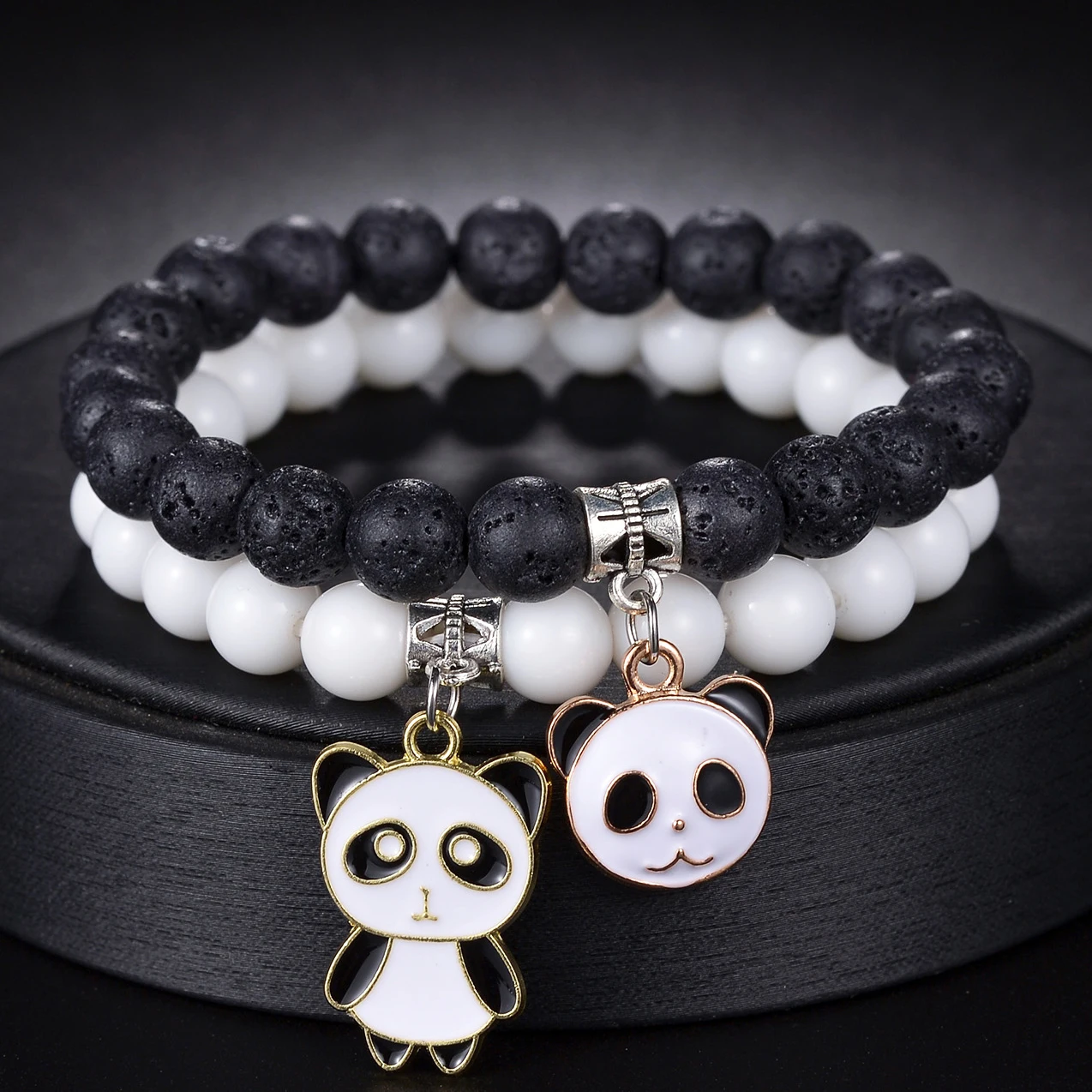 MeMolissa 2pcs Natural Lava Stone Beaded Bracelet Cute Panda Bracelets for Men Women Couple Charm Jewelry Gifts