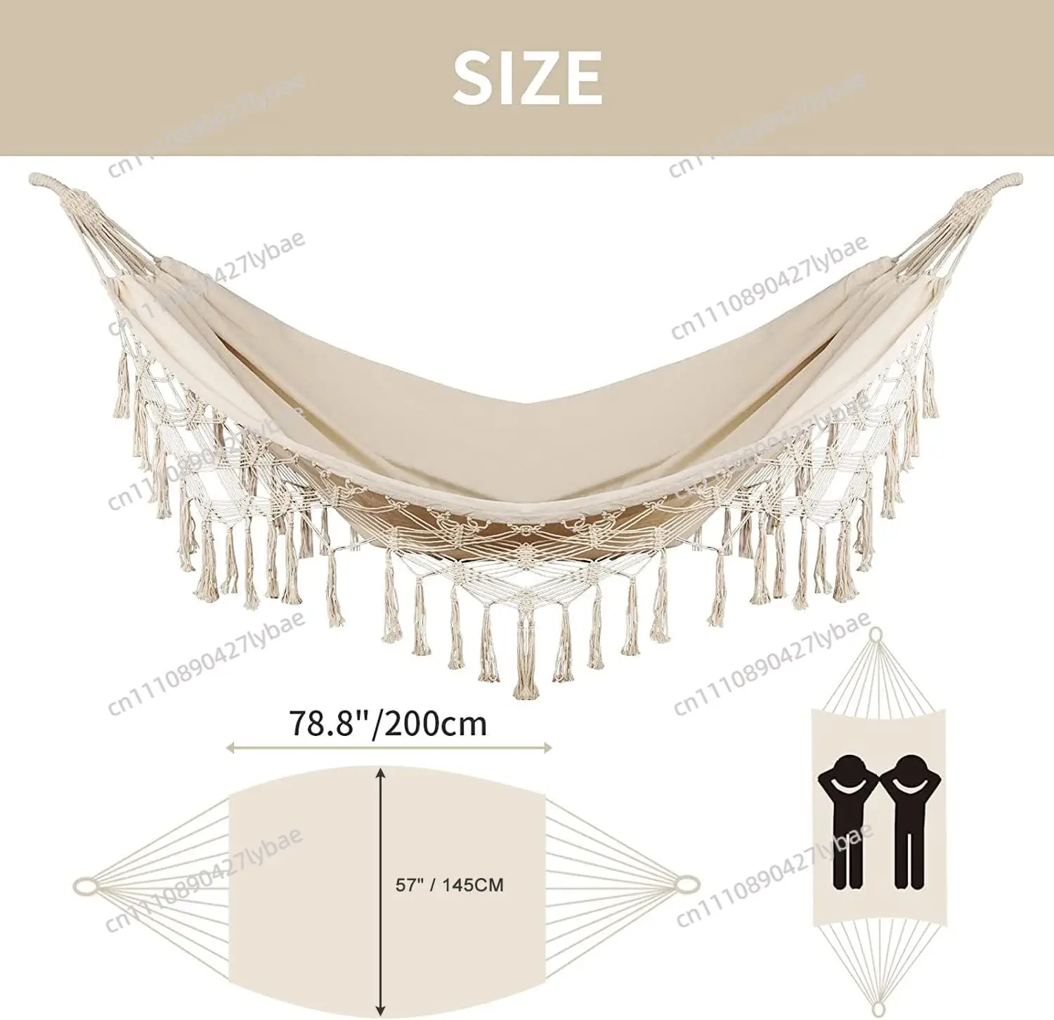 200 * 150cm 2-person Hammock Large Basimakra Tassel Fish Tail Knit Suitable for Outdoor Camping Terrace Balcony (stentless)