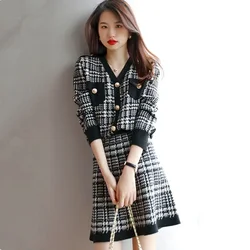 Long Sleeve Midi Knit Skirt Lightly Cooked Office Women's Two Piece Set Crochet Tweed New in Matching Sets Korea Female Outfits