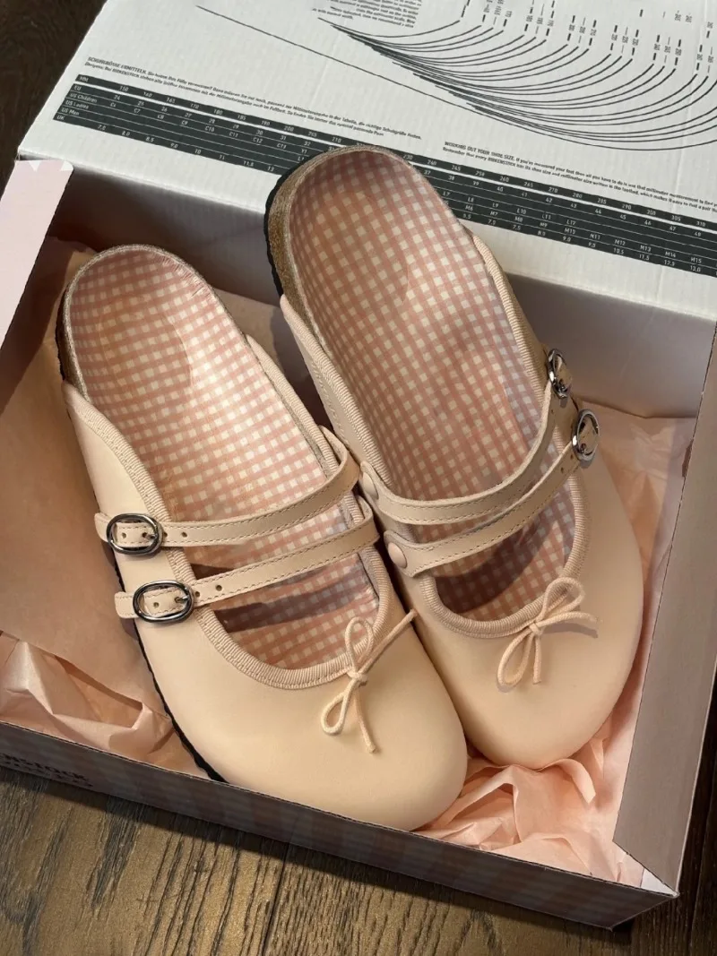 Mules de charol para mujer con lazo decorativo y hebilla, zapatos planos sin cordones, forro a cuadros, calzado casual d
