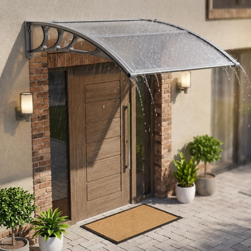 Door & Window Rain Cover Eaves Canopy, 100 x 80cm Polycarbonate Awning with ABS Brackets & Aluminum Bars, UV Rain Sun Shield for Front Door, Porch, Window, Garden & Patio, White & Gray