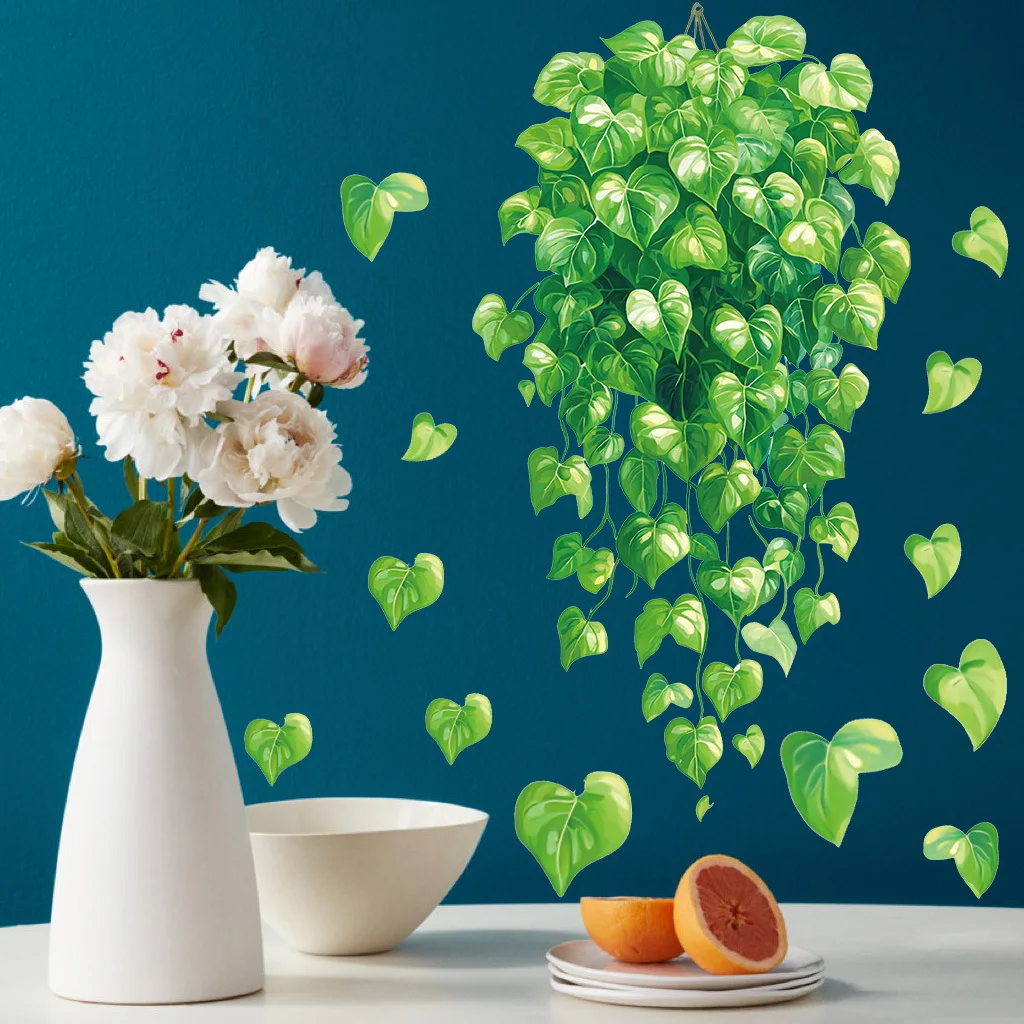 Waterproof Oil-proof Green Leaf Plant Wall Stickers Potted Plants for Bedrooms Living Room Balconies Demountable Home Decoration