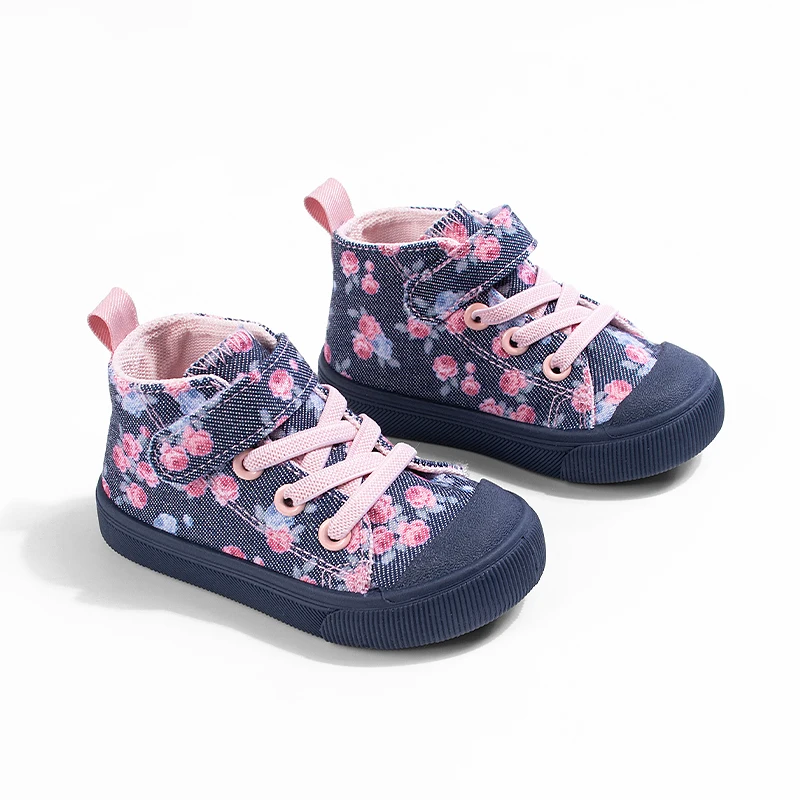 Spring Autumn Girls Navy High Top Floral Canvas Shoes Cute Fashionable Soft Sole School Campus Season Hot Seller