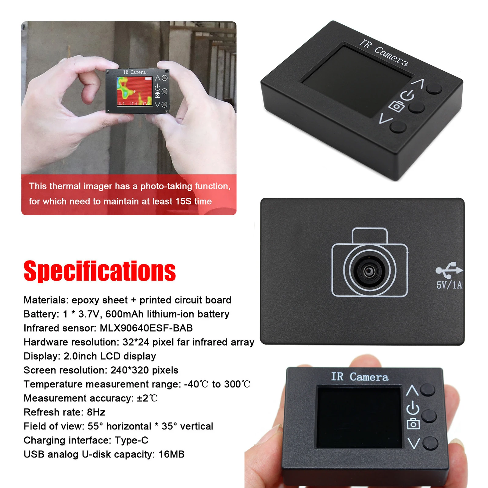 MLX90640จอแสดงผลดิจิตอลแอลซีดี1.8นิ้วกล้องถ่ายภาพความร้อนแบบพกพาพกพาเครื่องตรวจจับความร้อนเครื่องมือตรวจจับ USB แบบชาร์จไฟได้