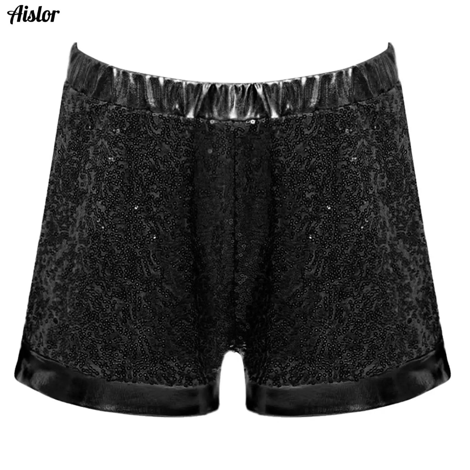 

Kids Girls Shorts Hip Hop Jazz Dance Performance Bottoms PU Glitter Sequins Metallic Patchwork Elastic Waistband Shorts Pants