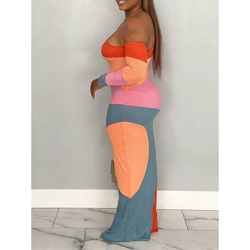 Slergiri Colorblock Long Sleeve One Shoulder Dress Women Fashion New 2026 Summer Streetwear Party Slim Sexy Bodycon Long Dress