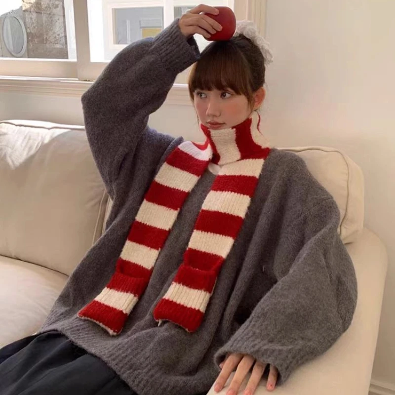 Japanese 2-in-1 Contrasting Striped Scarf Soft Wool Knitted Scarf Women Winter Versatile Simple Knitted Scarf Neck Warmer Scarf