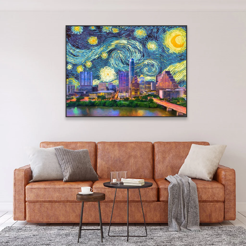 Van Gogh Starry Night Print Poster Austin Skyline Poster Oil Painting Prints Texas Wall Art Canvas Painting Living Room Decor