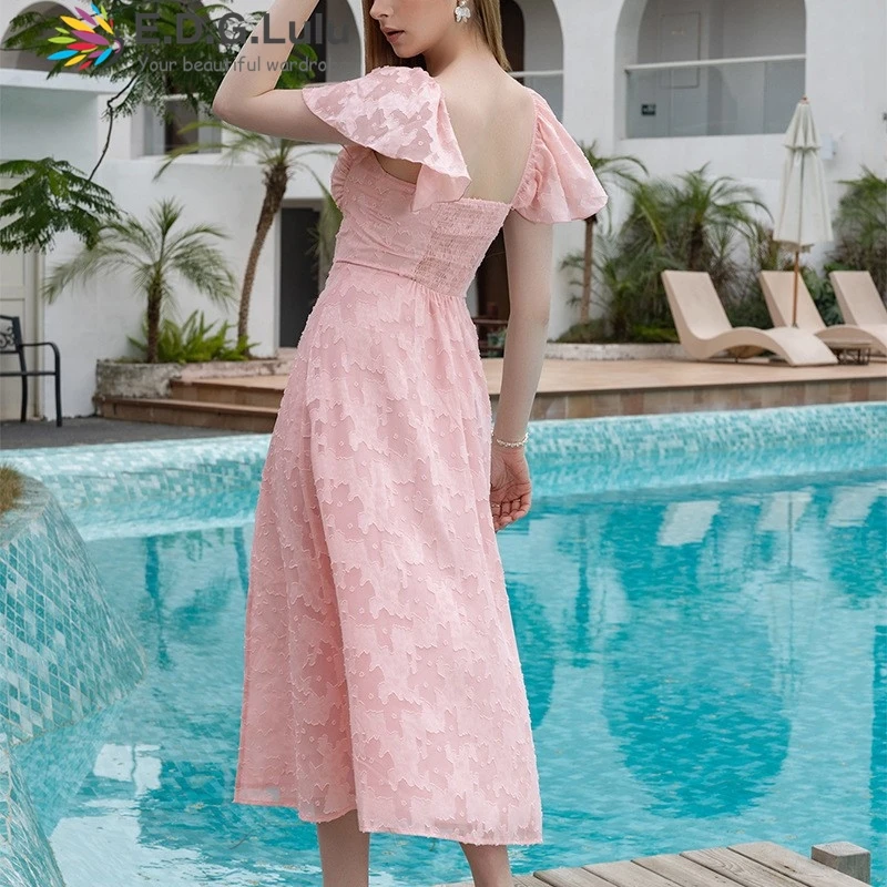EDGLuLu スイート刺繍フローラルピンクレースロングパーティードレス レディース 2025 ストラップレスロータスリーフスリーブ バックレススリットドレス 0828