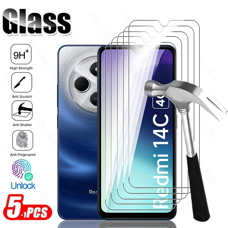 5-1Pcs HD 9H Tempered Glass Screen Protector Case for Xiaomi Redmi 14C 4G Protect Glass on Redmi14C Redmy Radmi 14C 14 C C14 NFC