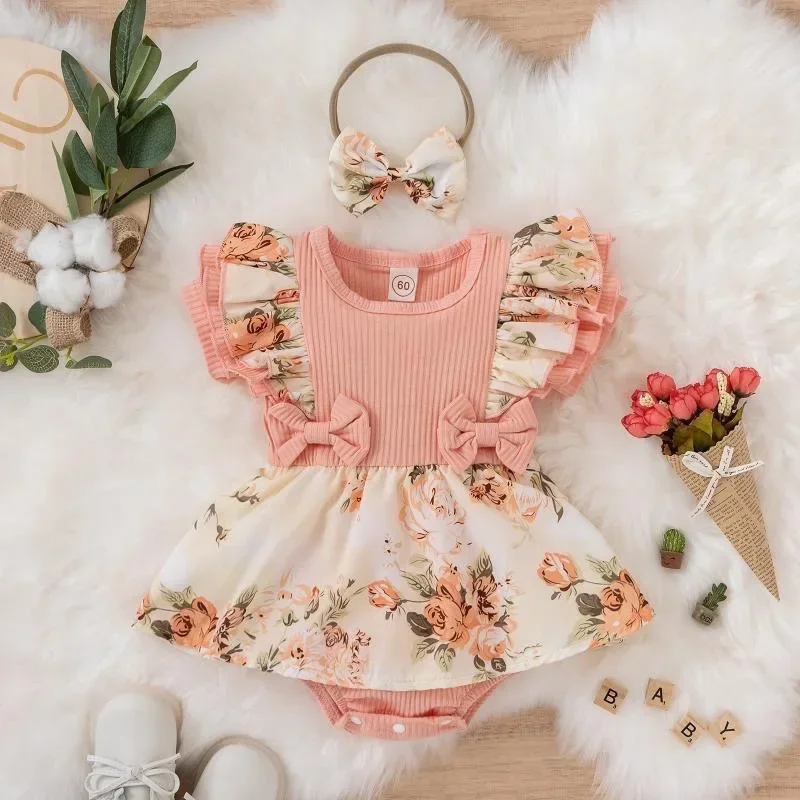 Summer Dress With Bowknot headband Striped Jumpsuit Cotton Dress For Floral Clothes Crawling Clothes