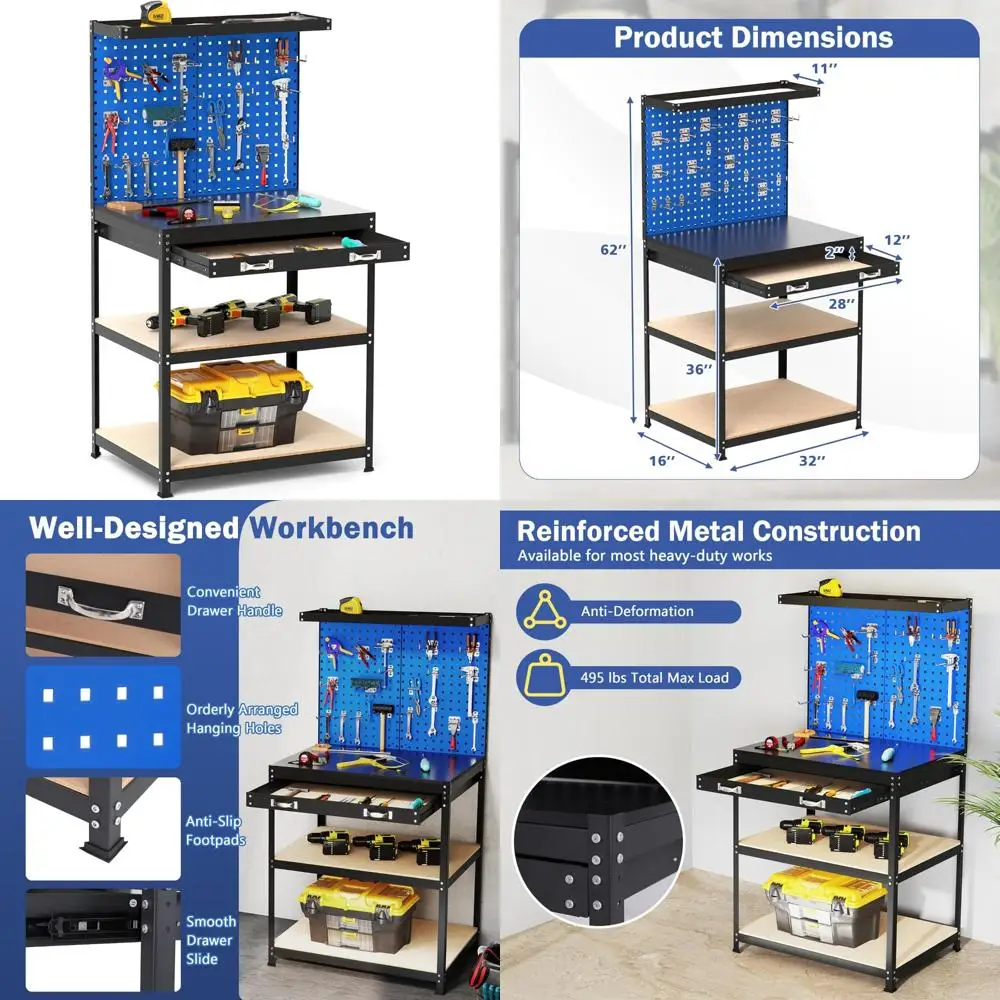 طاولة عمل شديدة التحمل 32 × 16 مع لوح بيجبورد، درج، أرفف، خطافات تعليق، سعة 495 رطل، إطار معدني، تخزين منضدة عمل كبيرة
