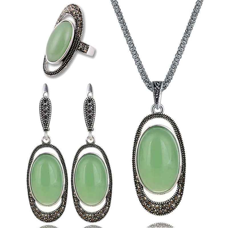 Ajojewel Delicate Green Opal Stone Retro Jewelry Sets Vintage Earrings Necklace Women Costume Jewelry Accessories