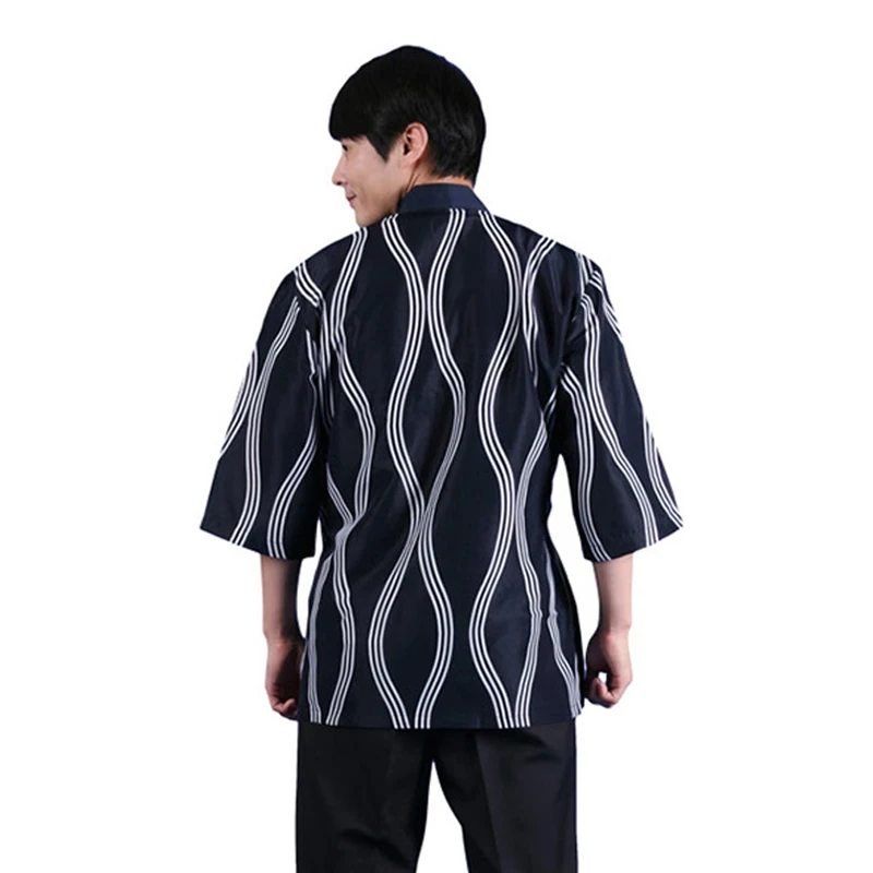 Sushi Restaurant Kitchen Jacket Barbeque Men's Chef Shirt Cuisine Cook Blue Working Clothes Unisex Stripe Printing Kimono