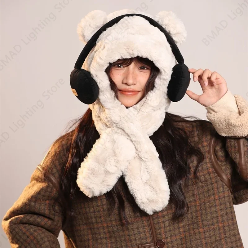 Plush Bear With Headphone Hat Hooded Cap Set 2 in 1 Winter Warm Plush Fleece Scarf Windproof Outdoor Cosplay Accessories