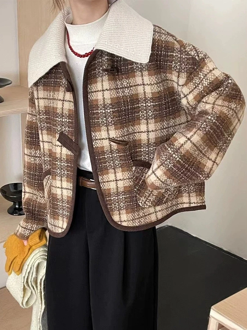 

Women's Imitation Mink Fur Retro Plaid Lapel Sweater Jacket Autumn Winter Coats