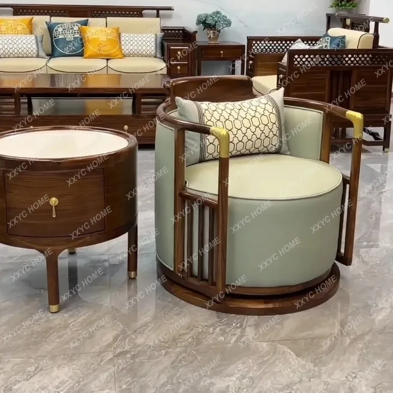 Q  New Chinese Style Solid Wood Leisure Chair Black Walnut Wooden Circle Chair Living Room Single Sofa Rotatable