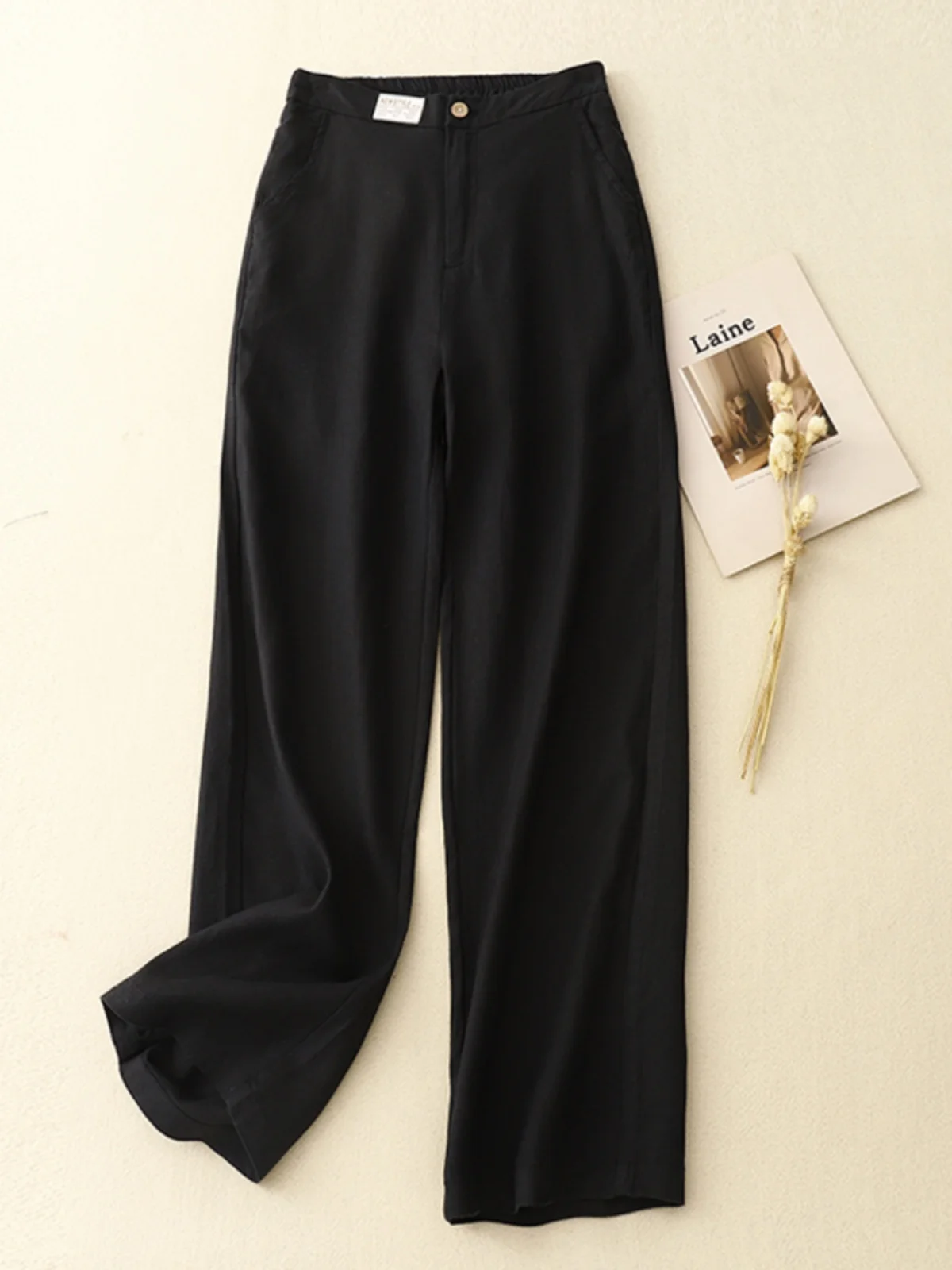 ارتفاع الخصر واسعة الساق القطن الكتان السراويل النسائية رقيقة تنوعا ثنى التخسيس عارضة الكتان مستقيم الساق السراويل #3