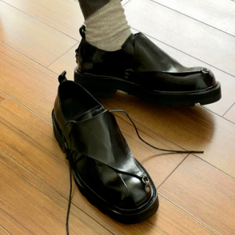 Men's Irregular Patchwork Glossy Leather Derby Shoes 2026 Black Thick Platform Height Increasing Oxfords Lace Up Dress Shoes