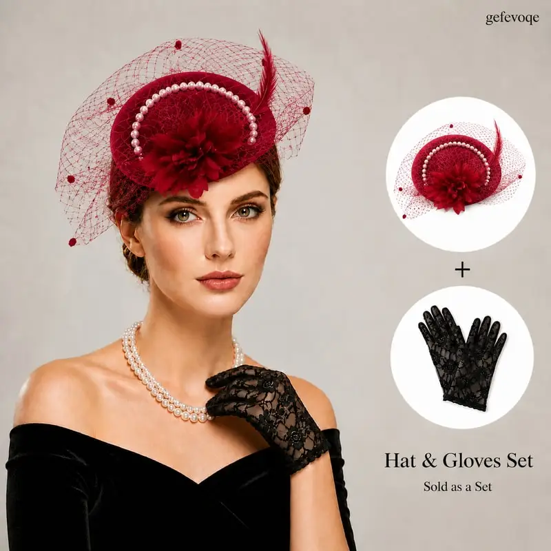 

2Pcs Womens Fascinator Hat Lace Gloves Set for Tea Party Derby Wedding