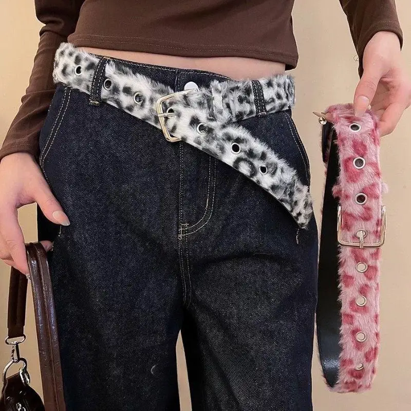 الرجعية الوردي ليوبارد طباعة فو الفراء حزام Y2k رقيق حزام للنساء حزام واسع حار الفتيات الشارع الخصر فاسق حزام خصر #5