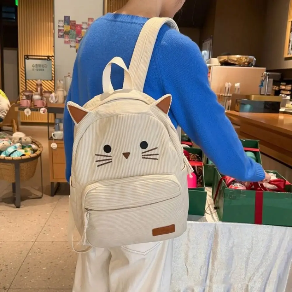 Niedlicher Süßer Cartoon-Katzen-Rucksack, mehrfarbig, minimalistisch, aus Cord, große Kapazität, strapazierfähig, Schultasche für Schüler, Geschenk – Detail 5