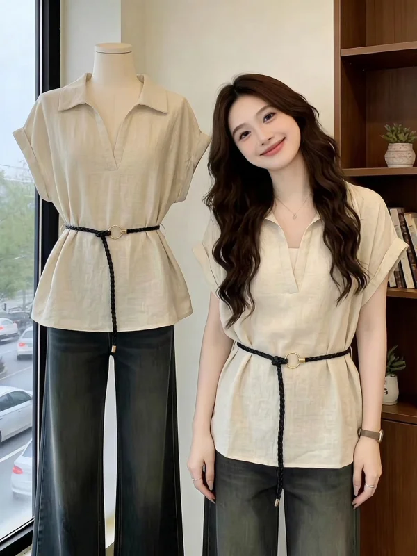 

Elegant V-Neck Short-Sleeve Shirt Women's plus Size Midi Waist-Cinching Top Korean Style Commute Fashion Loose Fit Blouse