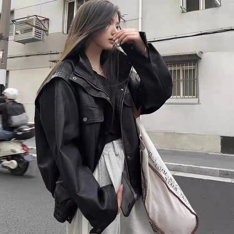 Nowa kurtka damska w stylu retro z amerykańskiej skóry PU z wzorem liczi, luźna, wyszczuplająca, motocyklowa, na wiosnę i jesień, model 2025.