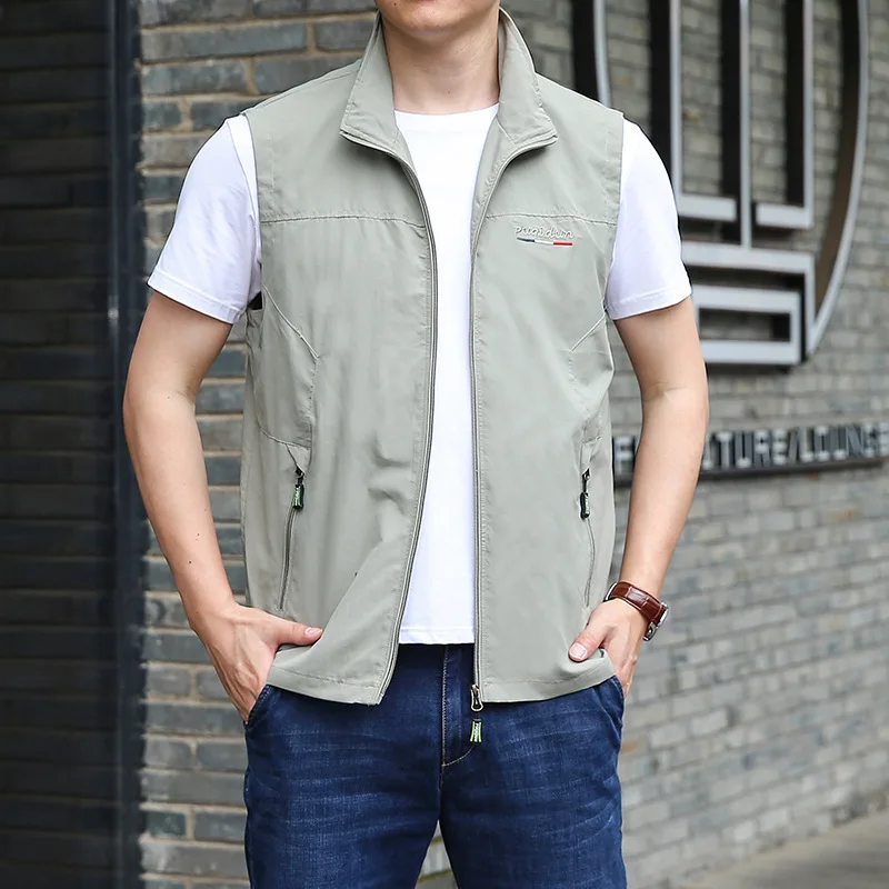 2024 Spring and Summer Thin Vest Middle and Elderly Casual Solid Standing Neck Breathable Fishing Vest Large Loose Shoulder Coat