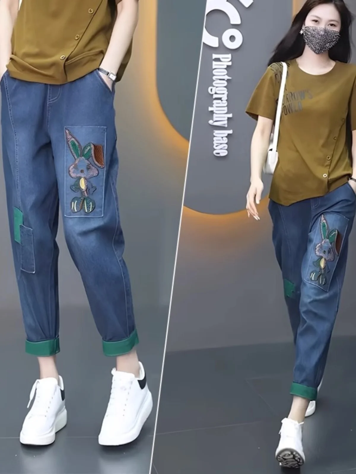 

Harlan Women's Jeans 2025 New Color Blo Cuffed Pants Spring Autumn Radi Pants Small Size Embroidered Nine Point Pants