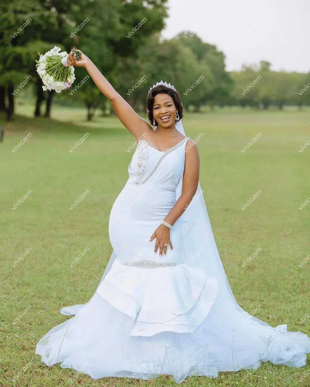 Personalizado novo design frisado um ombro sereia vestidos de casamento africano trem varredura cetim mariage vestidos de noiva