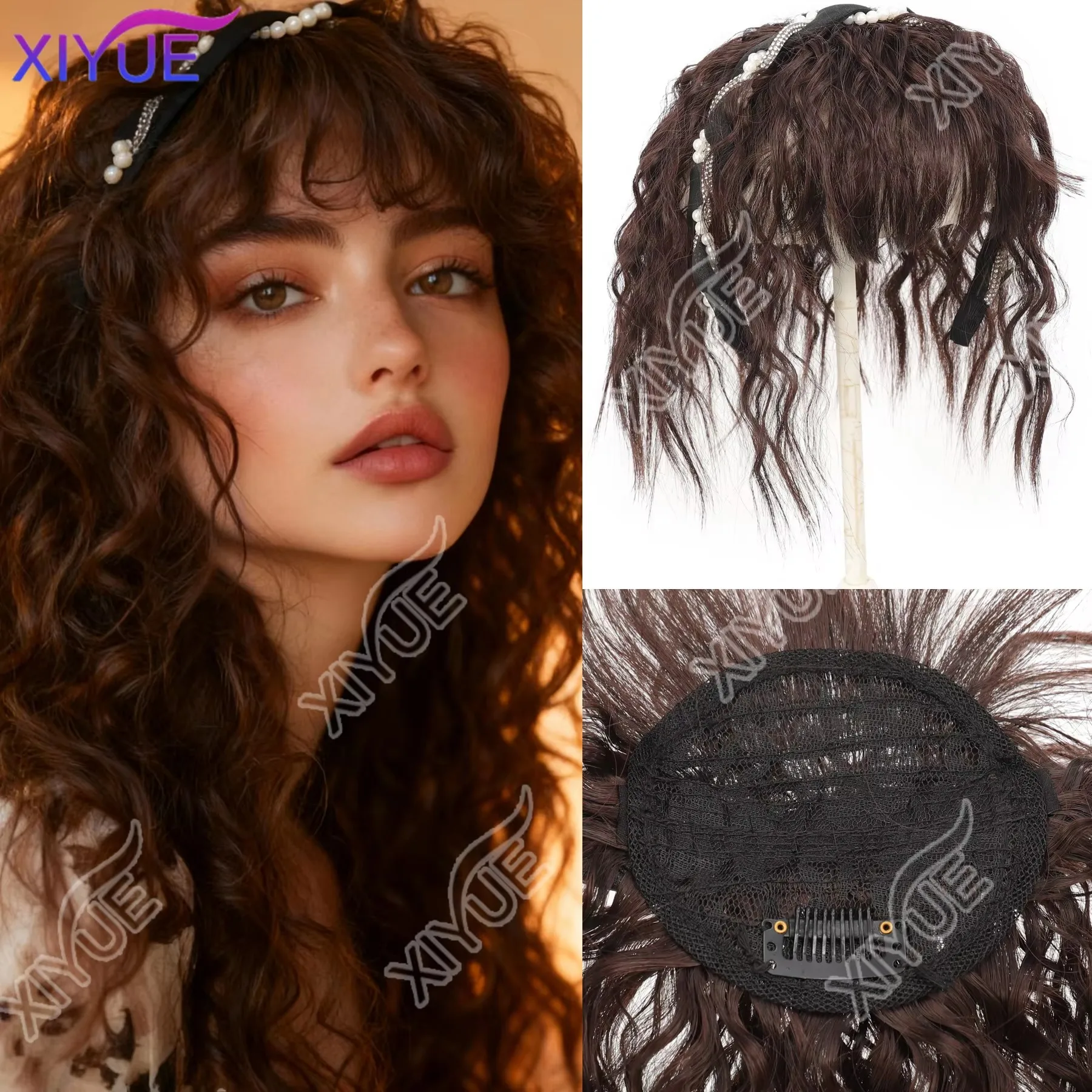 XY synthetic Hairband wig bangs wig female one natural curly hair covered white hair on the top of the head thin bangs wig piece