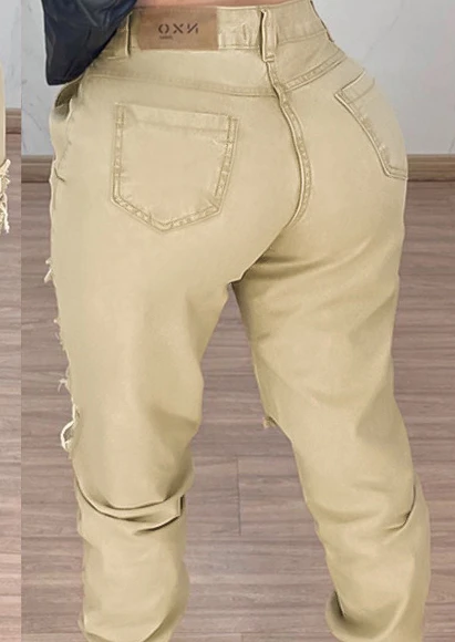 Frauen Khaki Casual Ripped Hohe Taille Krawatte Werkzeug Hosen Knöchel Länge Hosen Taschen