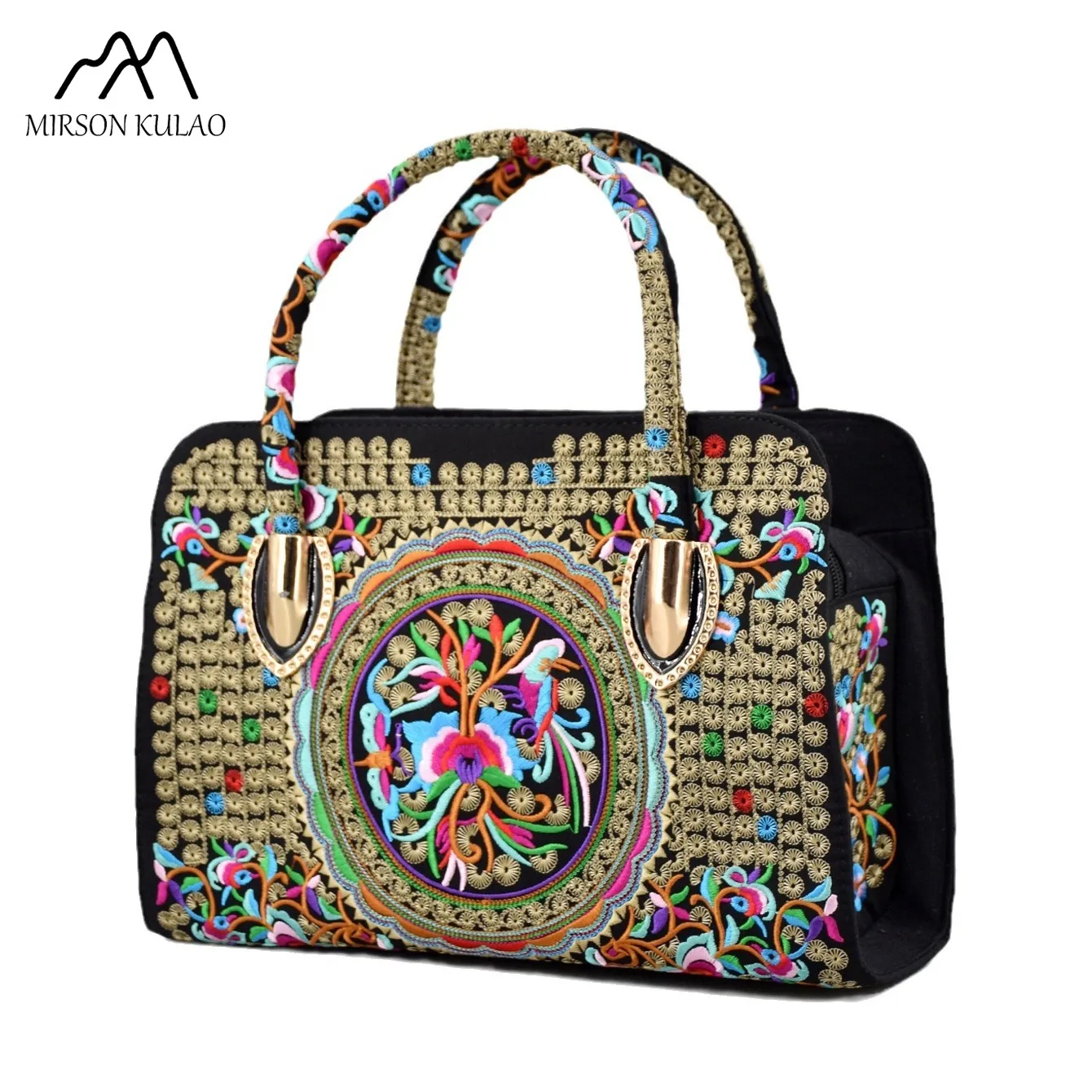 Stylish ethnic style embroidered handbag Women's bag Canvas shoulder bag with zipper large capacity embroidery Tote bag