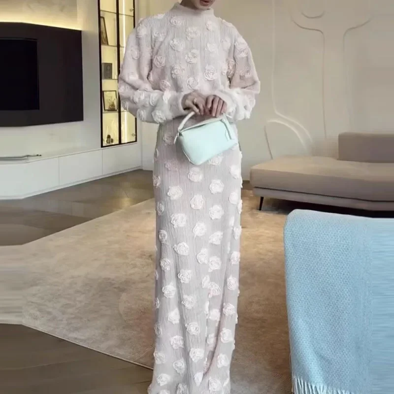 

Woman Full Sleeve O-neck Zippers Pullover Loose Solid Skirts Suit Elegant 3D Flower Long Skirt Set Women 2025 Spring Outfit Lady