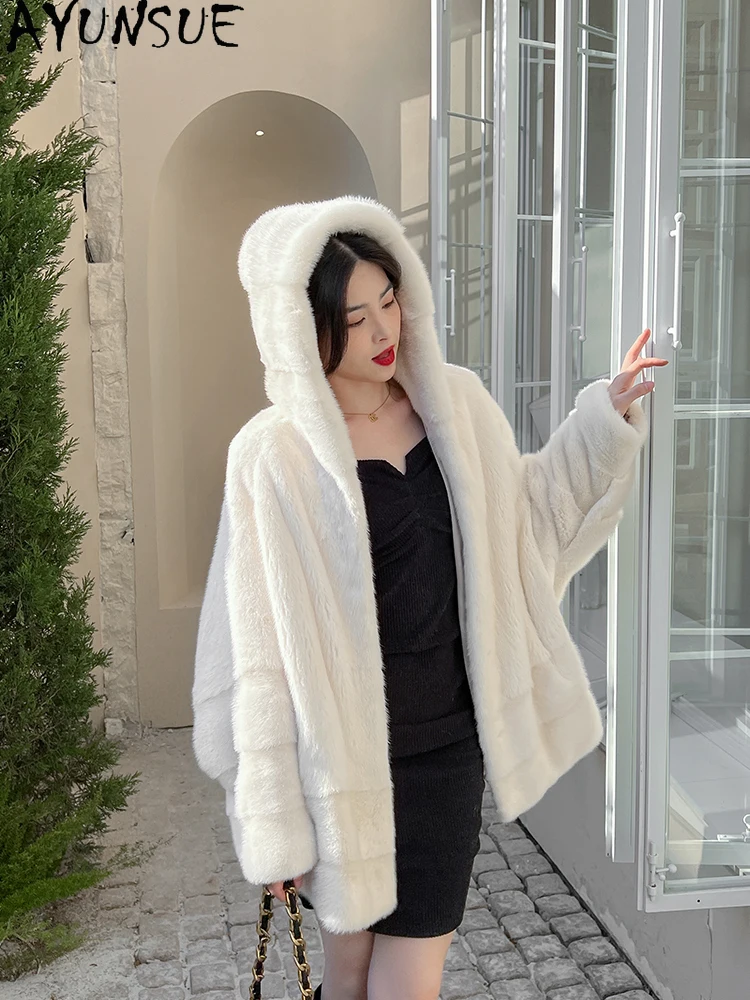 AYUNSUE 2025 Velvet Mink Fur Coatสําหรับผู้หญิงHooded Batwing Sleeveเสื้อขนสัตว์เสื้อผ้าผู้หญิงคุณภาพสูงฤดูหนาวCoat Abrigo Mujer